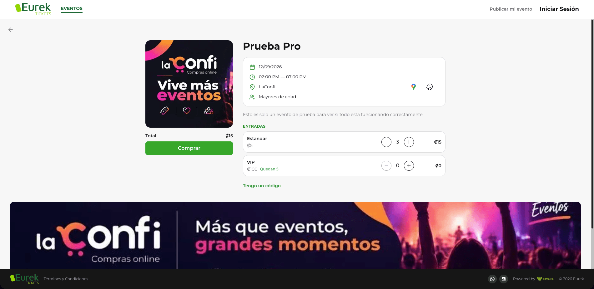 EurekTickets event with Standard and VIP ticket types and remaining stock