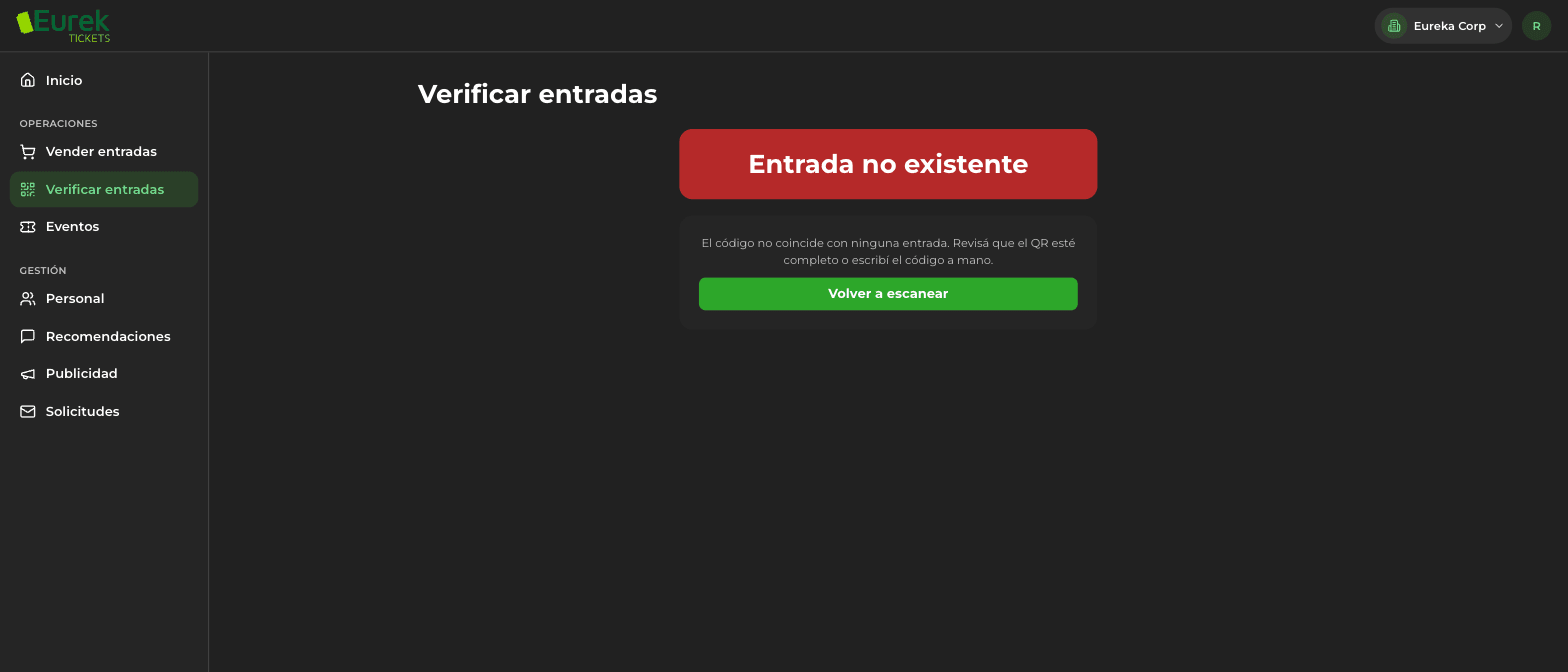 EurekTickets door verification screen showing an entry-not-found result for an invalid code