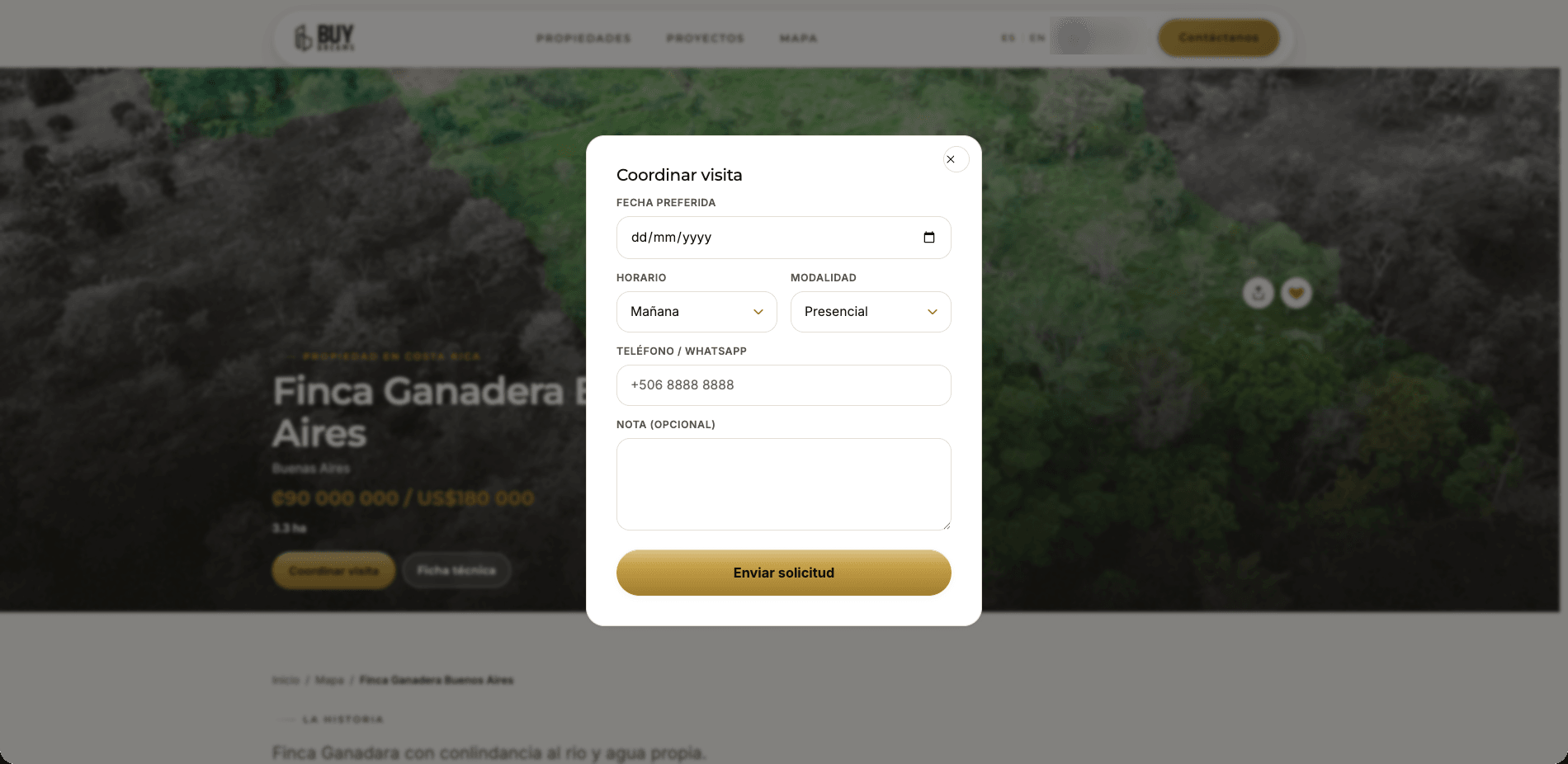 Buy Dreams property page with a Coordinar visita modal for scheduling a guided visit