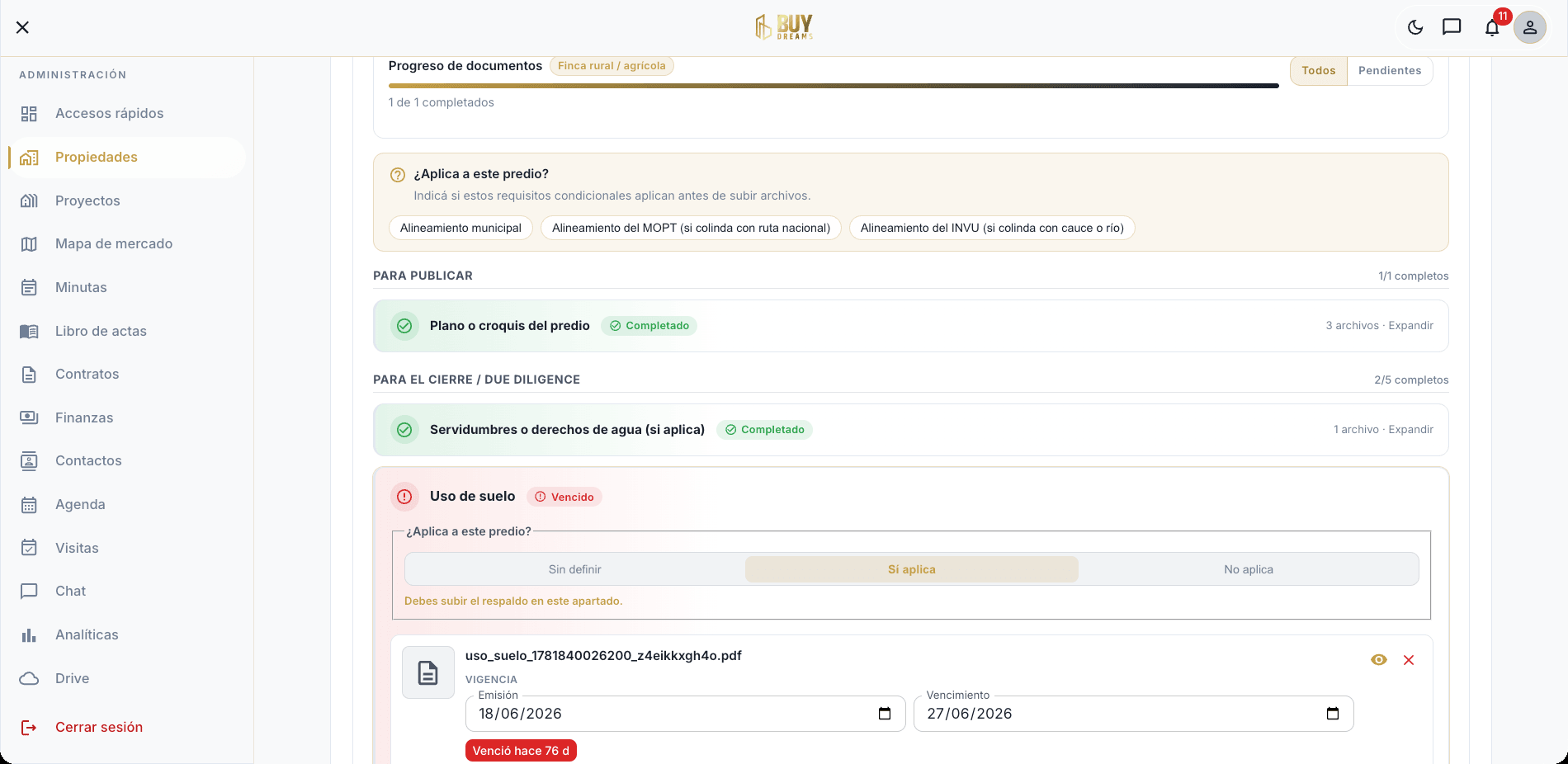Buy Dreams legal file showing municipal, MOPT and INVU permits plus a document checklist with statuses
