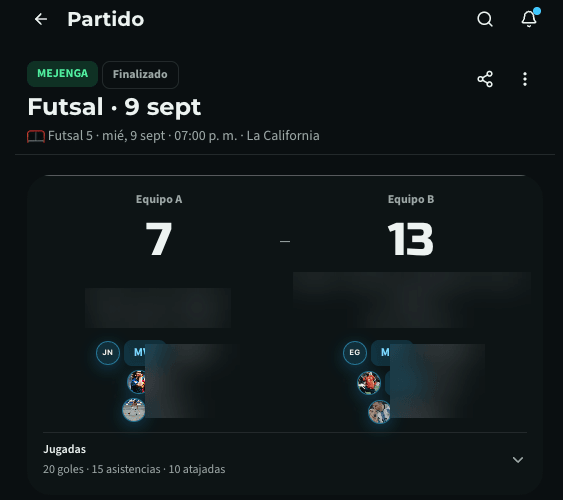 Mejengón match detail with score and a summary of live plays
