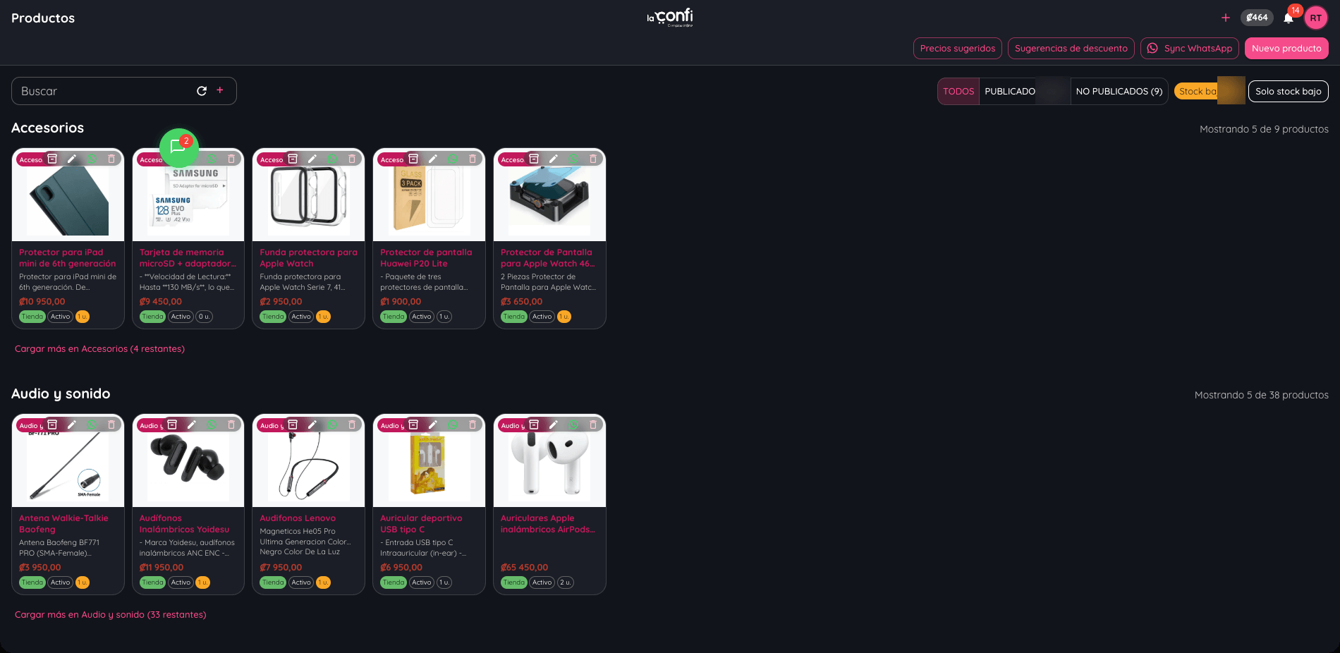 LaConfi inventory and catalog management with stock levels