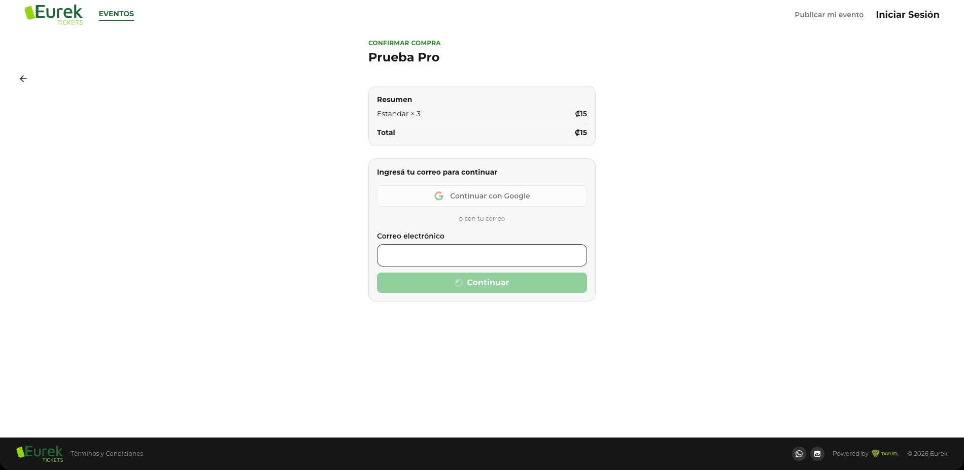 EurekTickets checkout summary capturing an email address before purchase