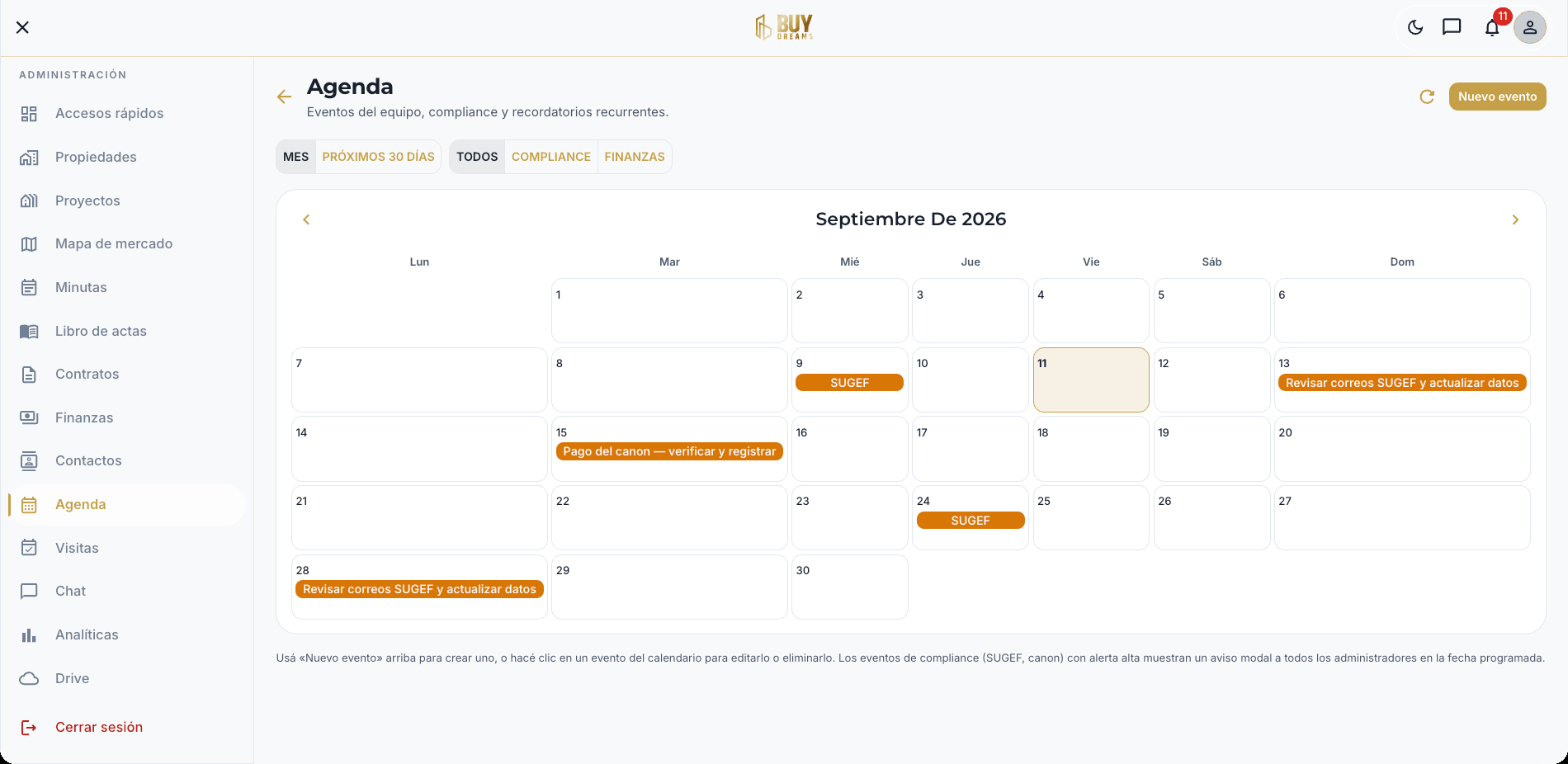 Buy Dreams team operations board with compliance and finance reminders