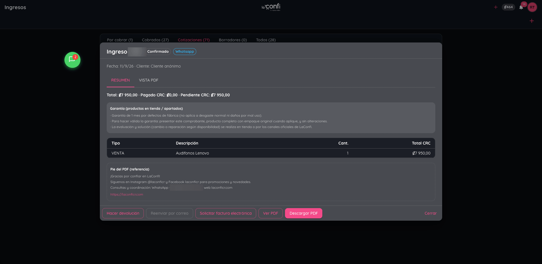 LaConfi admin panel composing a quotation through the WhatsApp channel